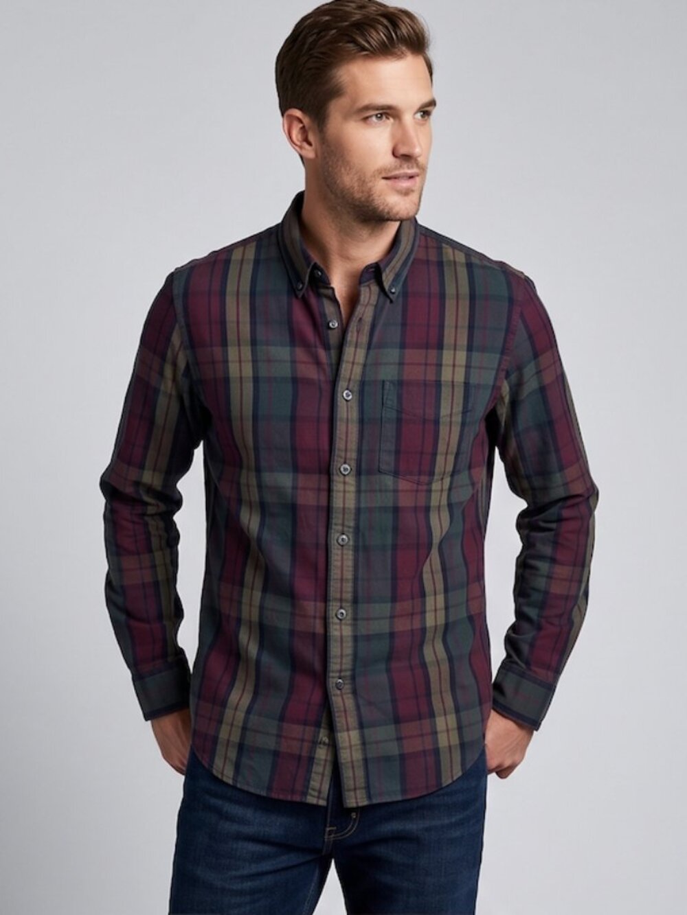 Club Monaco Midweight Brushed Cotton Tartan Button-Down Shirt, Heritage Plaid